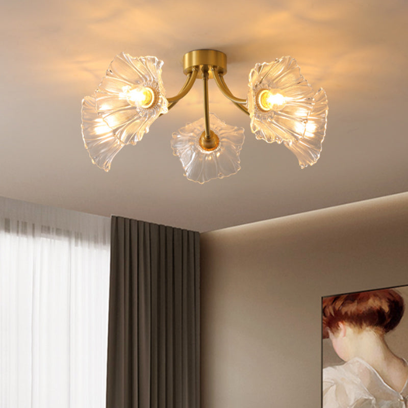 Flower Shape Glass Flush Mount Light Modern Multi Lights Ceiling Mount Light in Brass