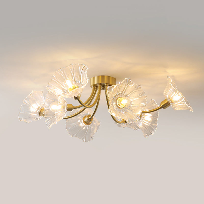 Flower Shape Glass Flush Mount Light Modern Multi Lights Ceiling Mount Light in Brass