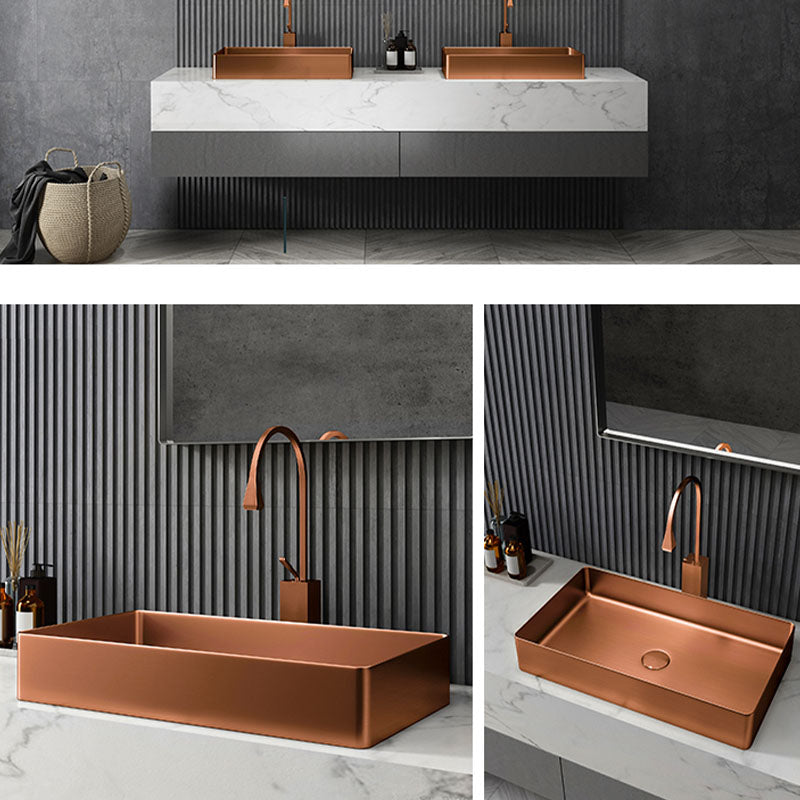 Contemporary Bathroom Sink Metal Rectangular Vessel Bathroom Sink with Pop-Up Drain