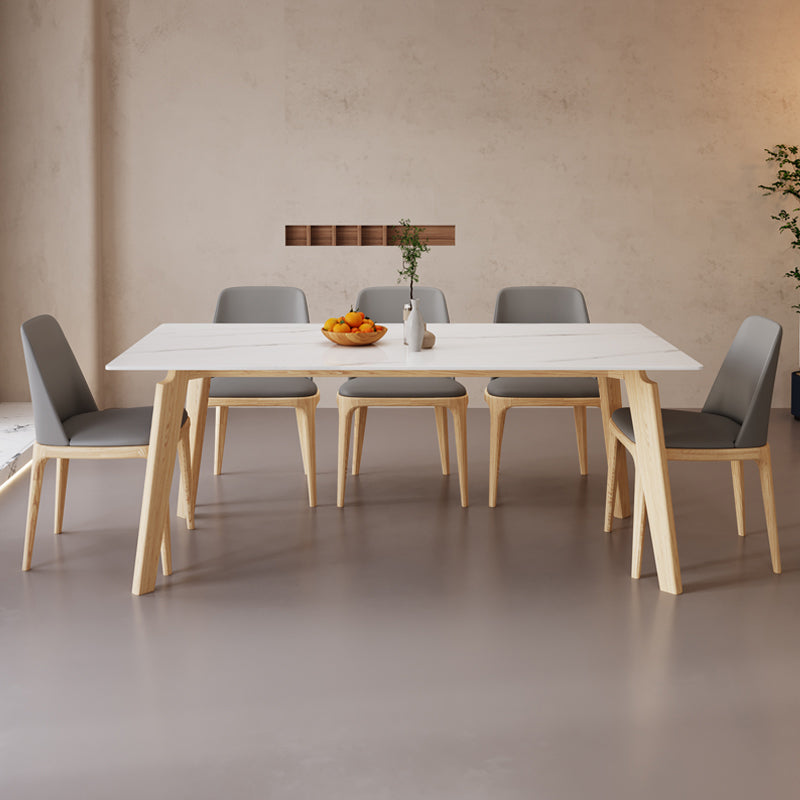 Mid-Century Stone top Dining Table Rectangle Dining Table with Natural Legs