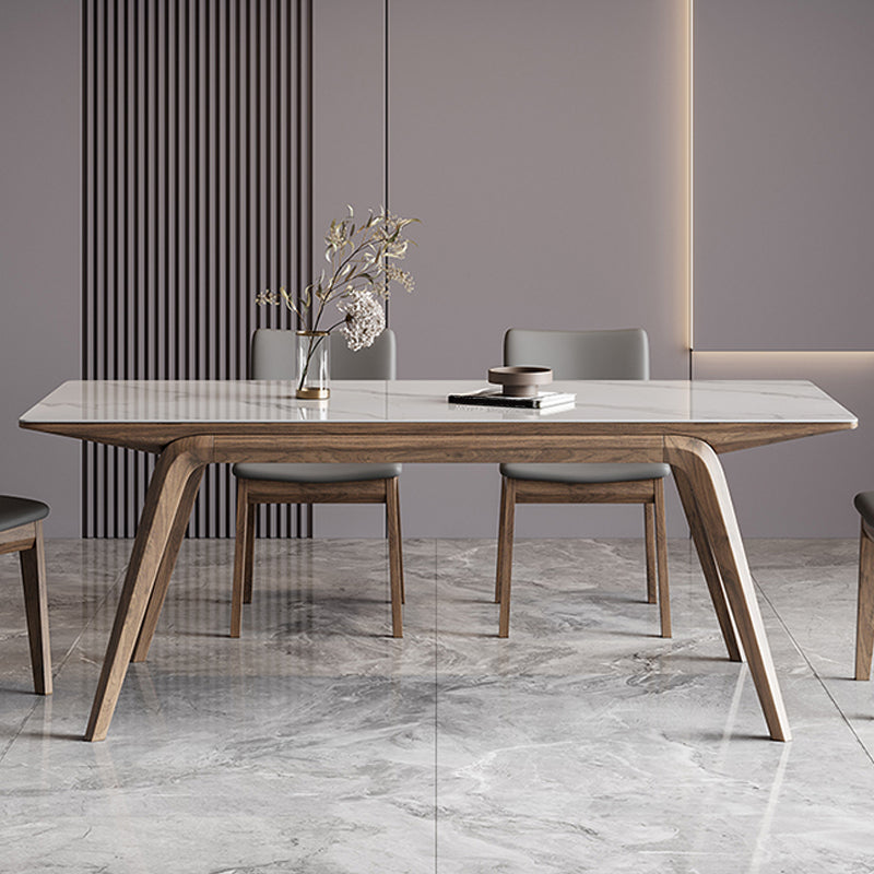 White Mid-Century Dining Table Stone Top Table with Wooden Frame