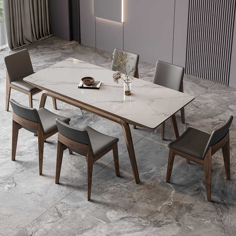 White Mid-Century Dining Table Stone Top Table with Wooden Frame