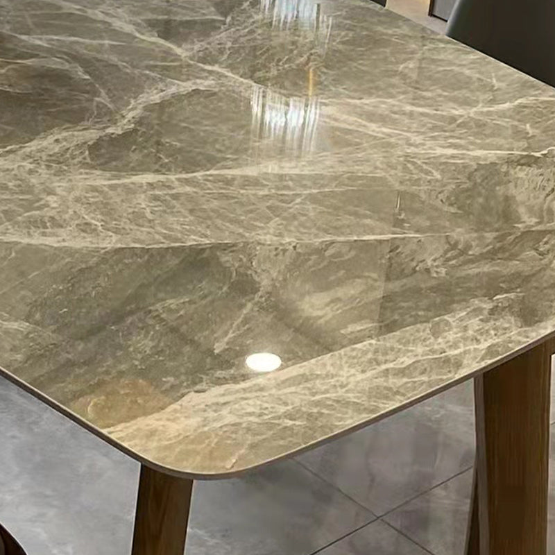 Gray Mid-Century Dining Table Stone Top Table with Wooden Base