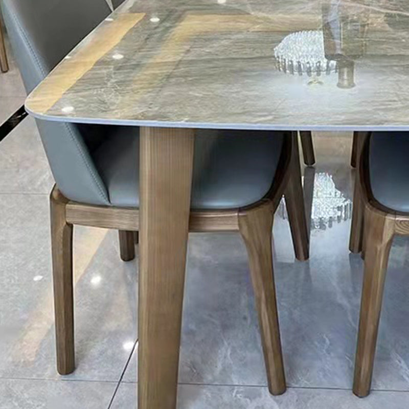 Gray Mid-Century Dining Table Stone Top Table with Wooden Base