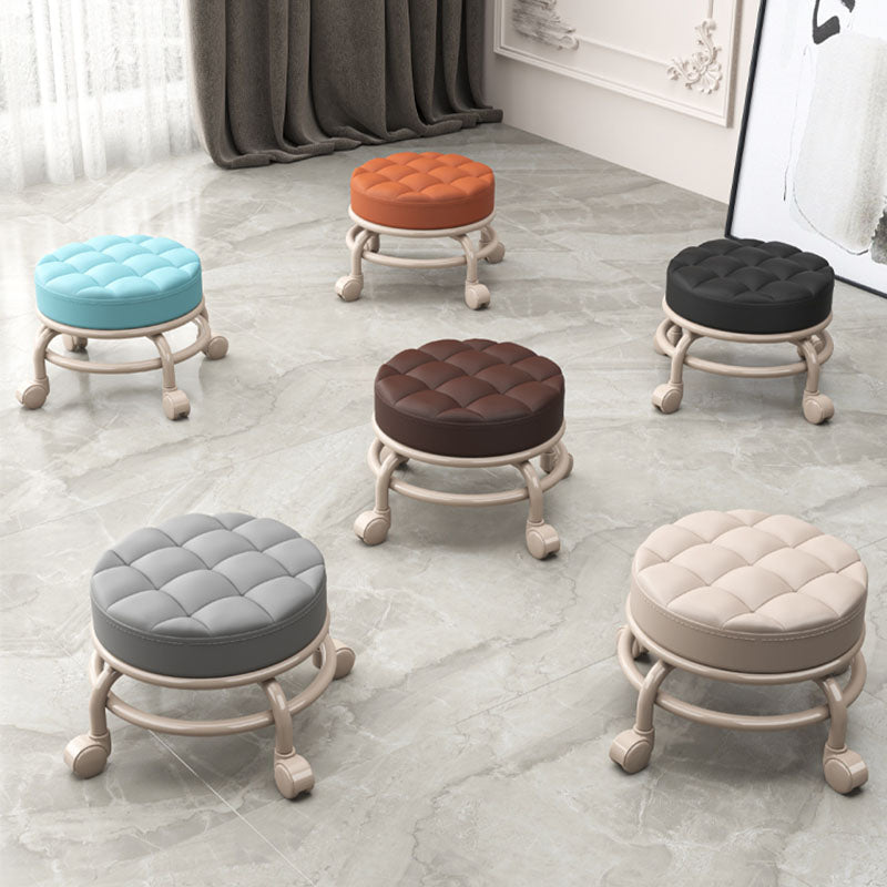 Stain Resistant Ottoman Solid PU Leather Tufted Round Ottoman with Wheels