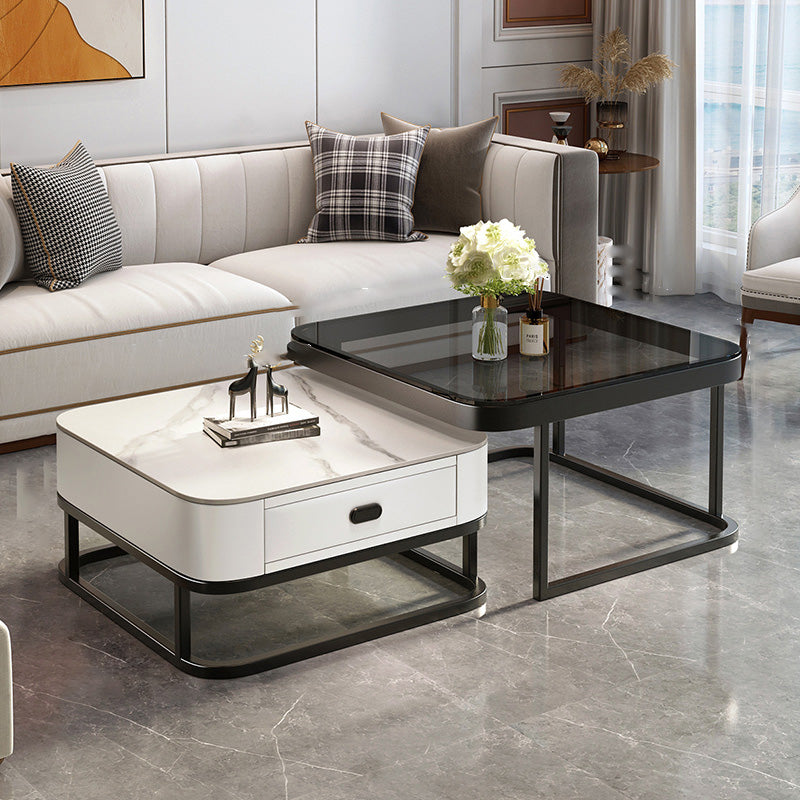 Glam Coffee Cocktail Table Square Glass / Slate Coffee Table with Drawer