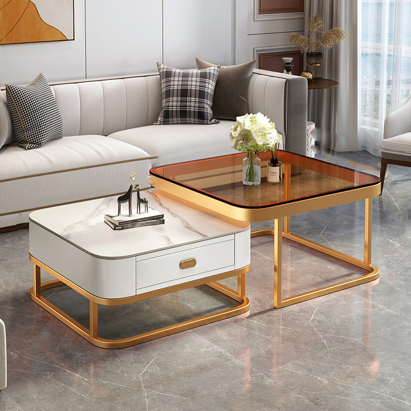 Glam Coffee Cocktail Table Square Glass / Slate Coffee Table with Drawer