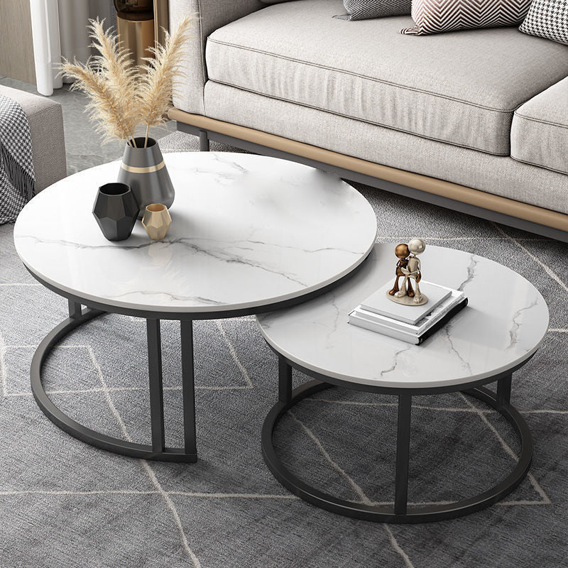Contemporary Round Slate Coffee Table Steel Frame Cocktail Table