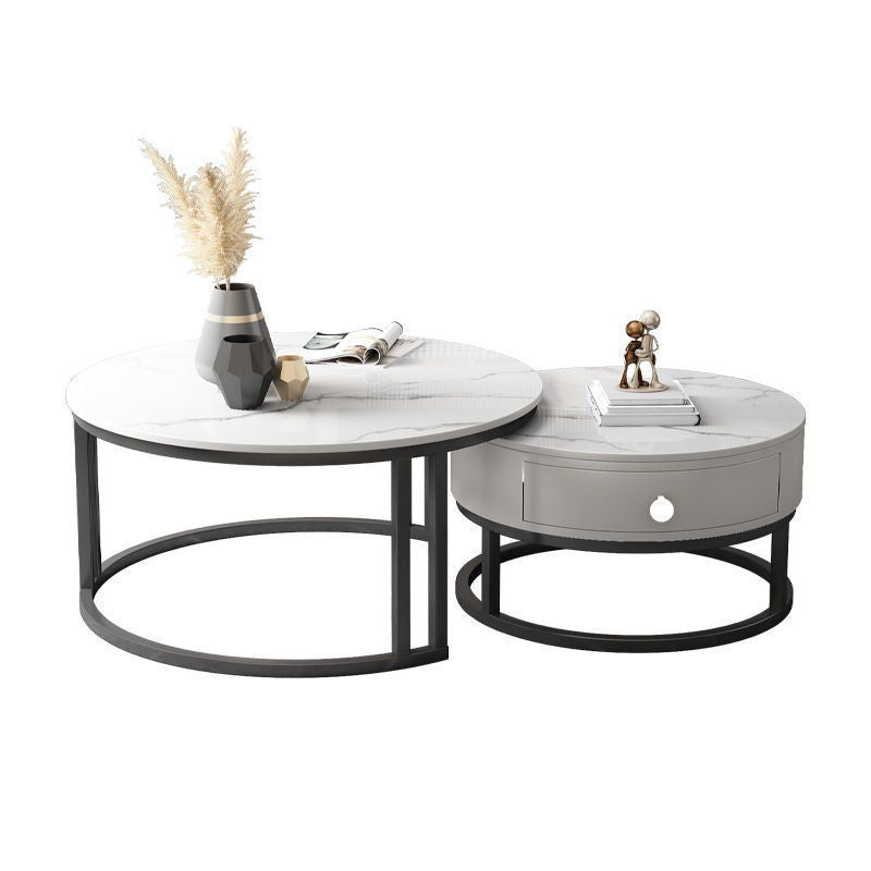 Contemporary Round Slate Coffee Table Steel Frame Cocktail Table