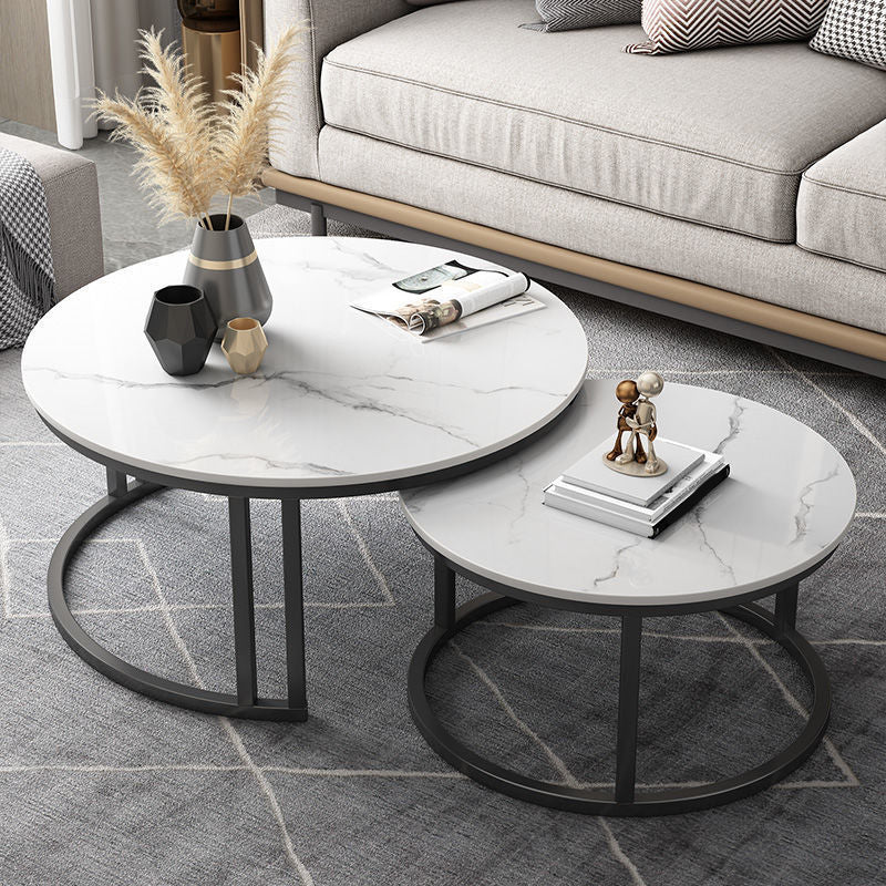 Contemporary Round Slate Coffee Table Steel Frame Cocktail Table