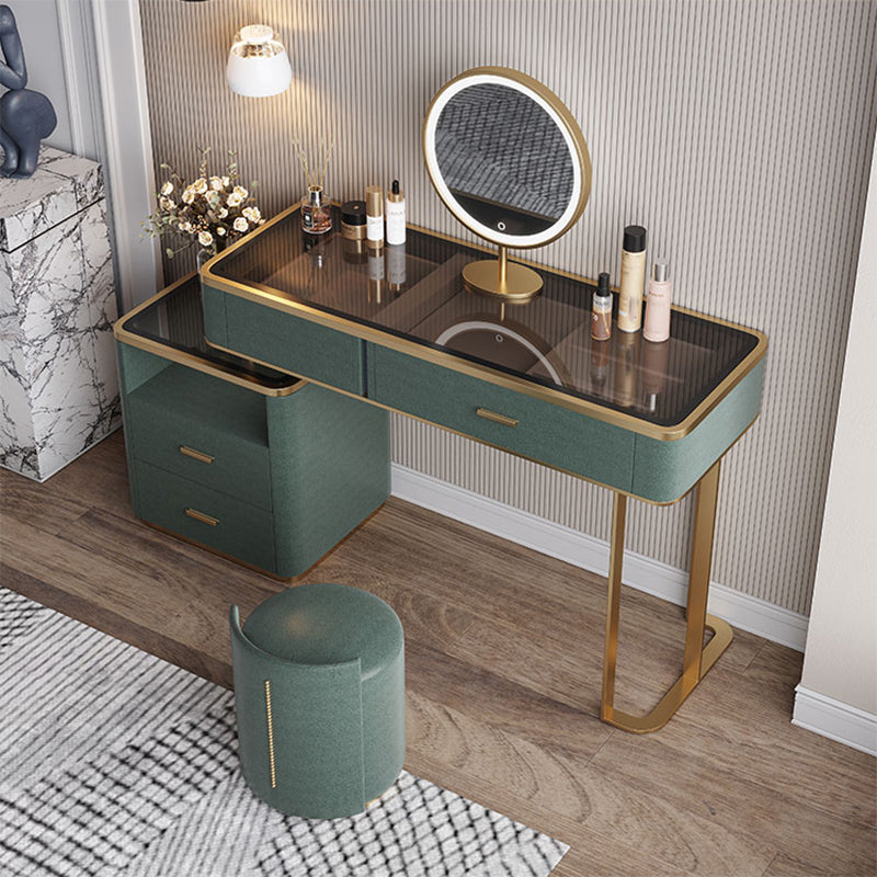Glass Top Vanity Table 2-Drawer Stool Vanity Set with Lights Mirror