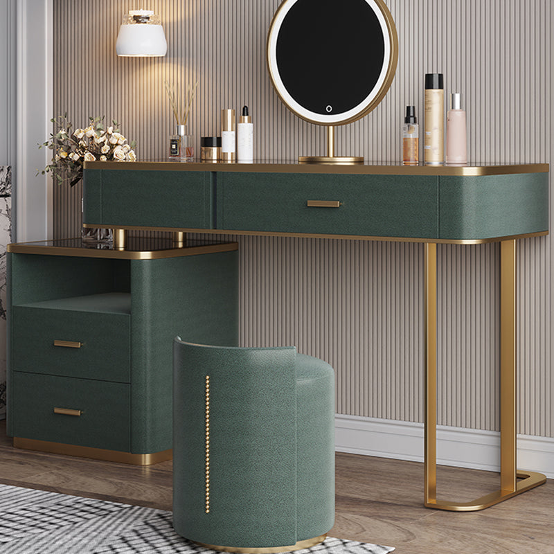 Glass Top Vanity Table 2-Drawer Stool Vanity Set with Lights Mirror