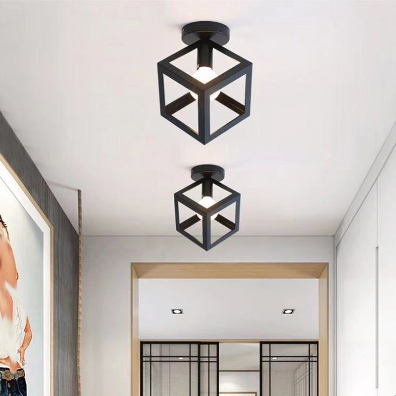 Geometric Shape Metal Flush Mount Light Industrial 1 Light Flush Ceiling Light in Black