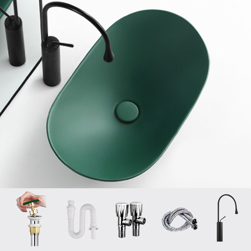 Modern Vessel Bathroom Sink Oval Porcelain with Pop-Up Drain Vessel Lavatory Sink