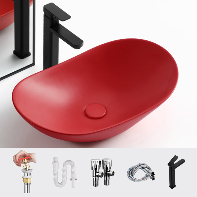 Modern Vessel Bathroom Sink Oval Porcelain with Pop-Up Drain Vessel Lavatory Sink