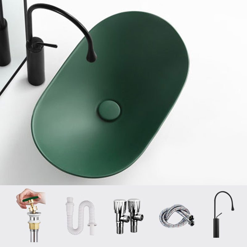 Modern Vessel Bathroom Sink Oval Porcelain with Pop-Up Drain Vessel Lavatory Sink