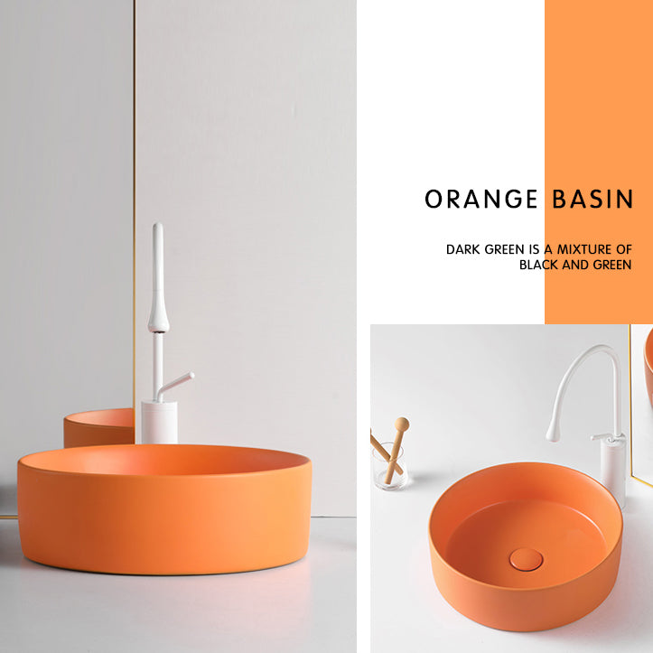 Round White and Orange Trough Bathroom Sink Porcelain Trough Bathroom Sink