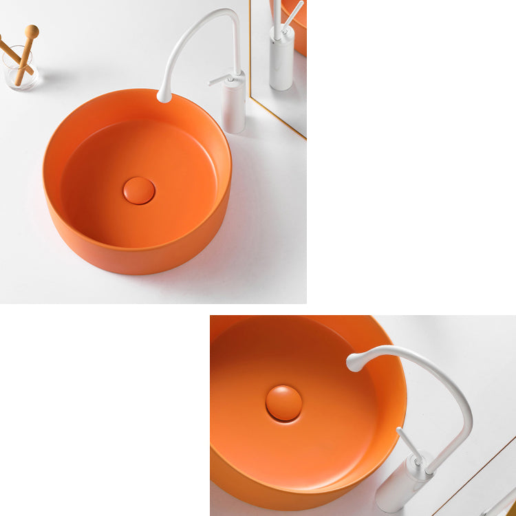 Round White and Orange Trough Bathroom Sink Porcelain Trough Bathroom Sink
