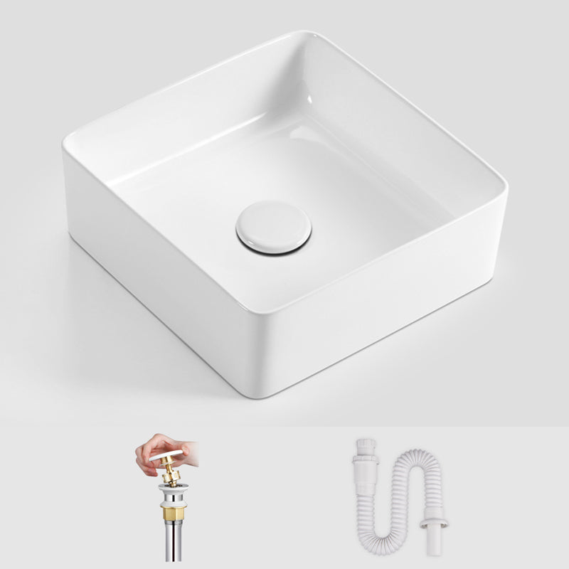 Modern Vessel Bathroom Sink Square Porcelain with Pop-Up Drain Wash Stand