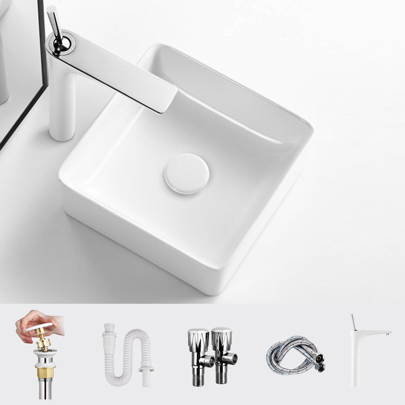 Modern Vessel Bathroom Sink Square Porcelain with Pop-Up Drain Wash Stand