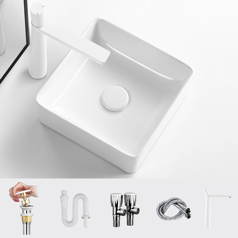 Modern Vessel Bathroom Sink Square Porcelain with Pop-Up Drain Wash Stand