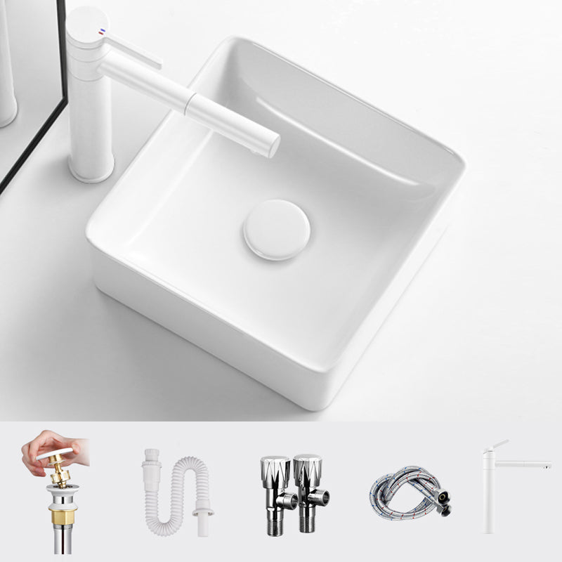 Modern Vessel Bathroom Sink Square Porcelain with Pop-Up Drain Wash Stand