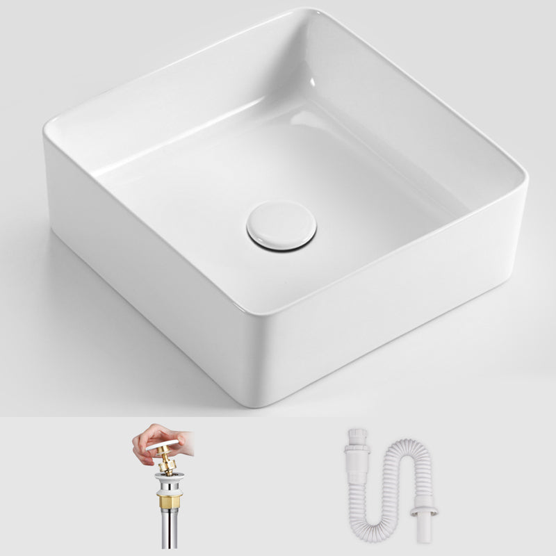 Modern Vessel Bathroom Sink Square Porcelain with Pop-Up Drain Wash Stand