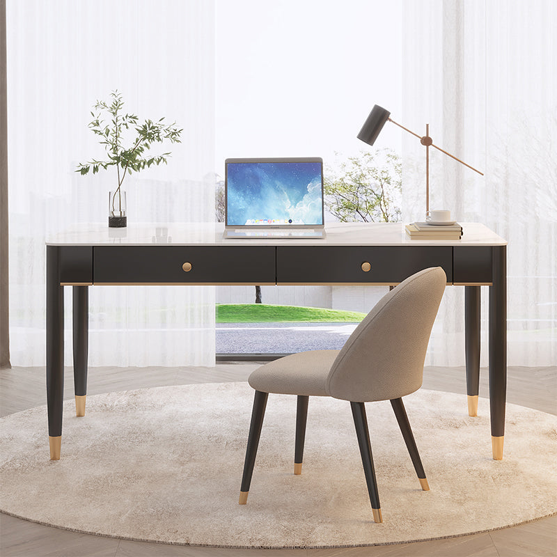 Contemporary Stone Office Desk 2 Drawers Parsons Base Writing Desk
