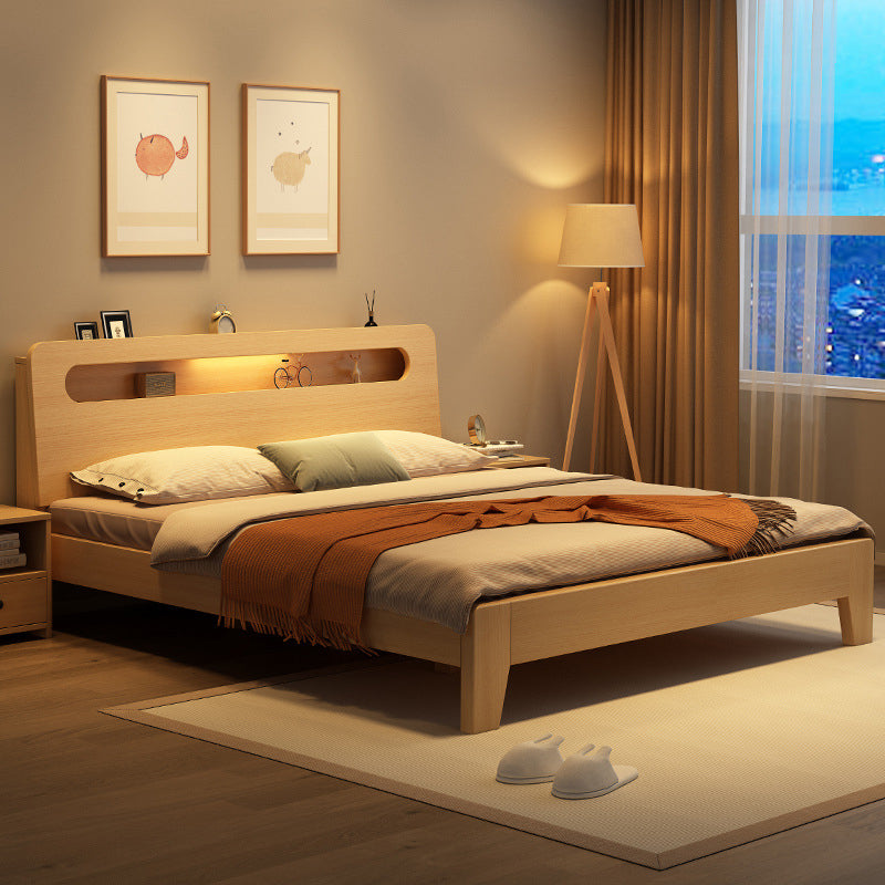 Solid Wood Beveled Standard Bed Storage Headboard Bed with Shelves