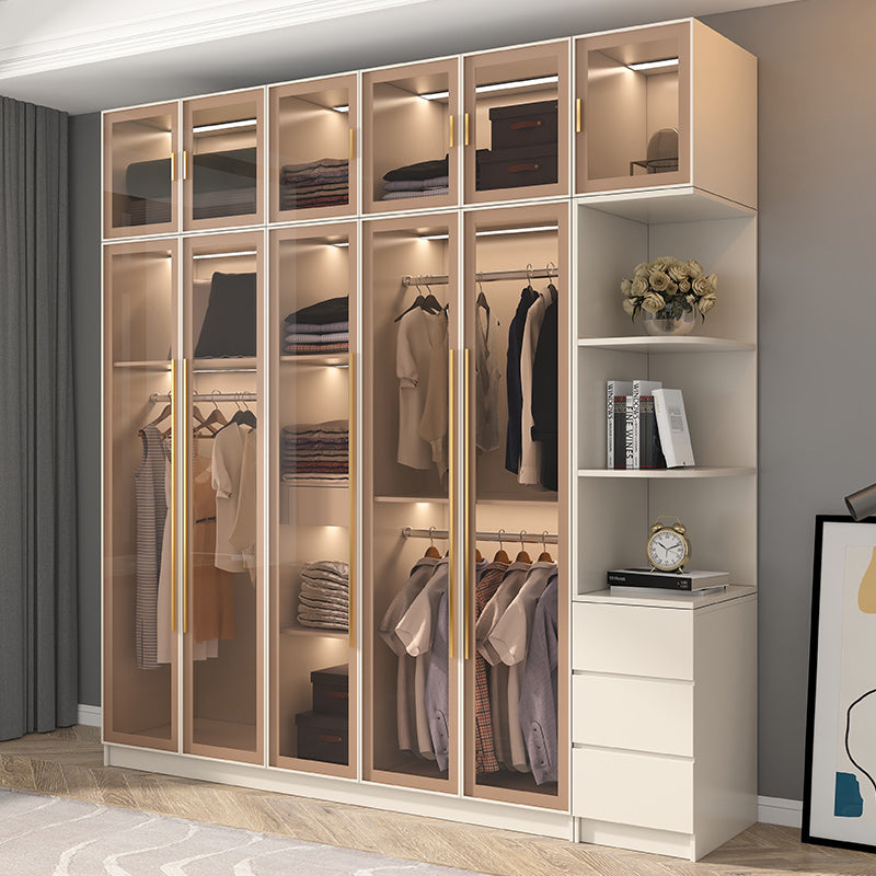 Glass and Wood Wardrobe Cabinet with Shelves Modern Wardrobe Closet