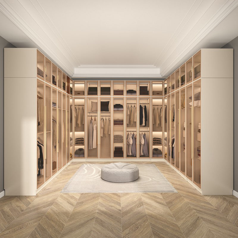 Glass and Wood Wardrobe Cabinet with Shelves Modern Wardrobe Closet