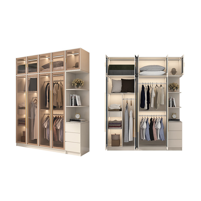 Glass and Wood Wardrobe Cabinet with Shelves Modern Wardrobe Closet
