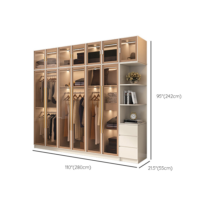 Glass and Wood Wardrobe Cabinet with Shelves Modern Wardrobe Closet