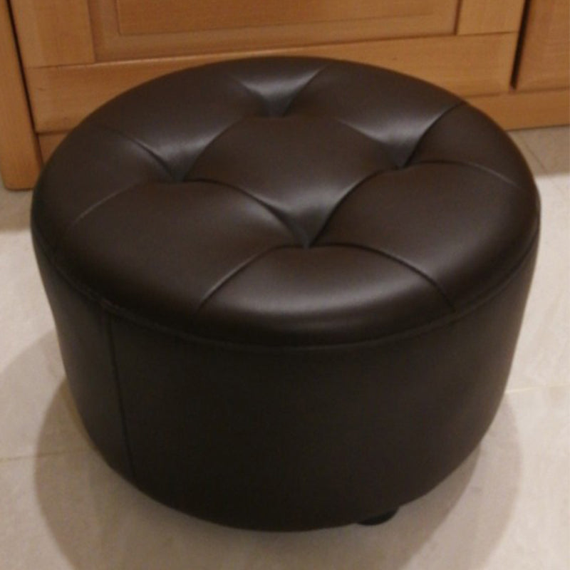 Mid-Century Modern Pouf Ottoman Genuine Leather Upholstered Tufted Cylinder Shape Ottoman