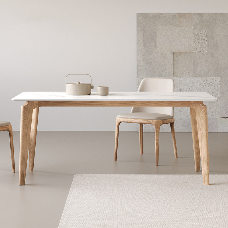 Modern Rectangle Dining Table Sintered Stone Table with Wooden Legs for Home Use