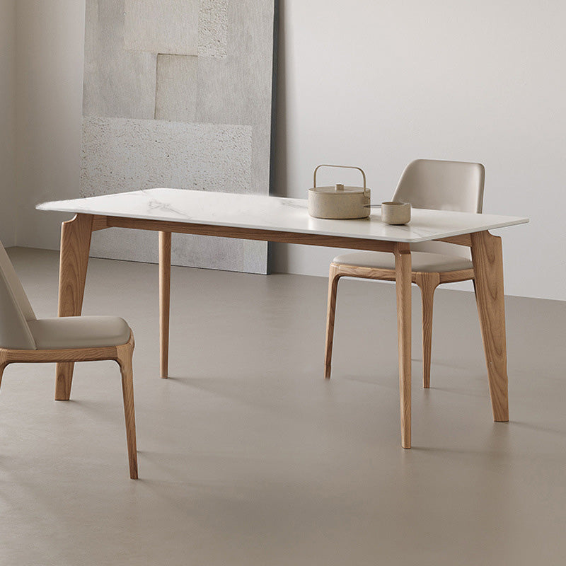Modern Rectangle Dining Table Sintered Stone Table with Wooden Legs for Home Use