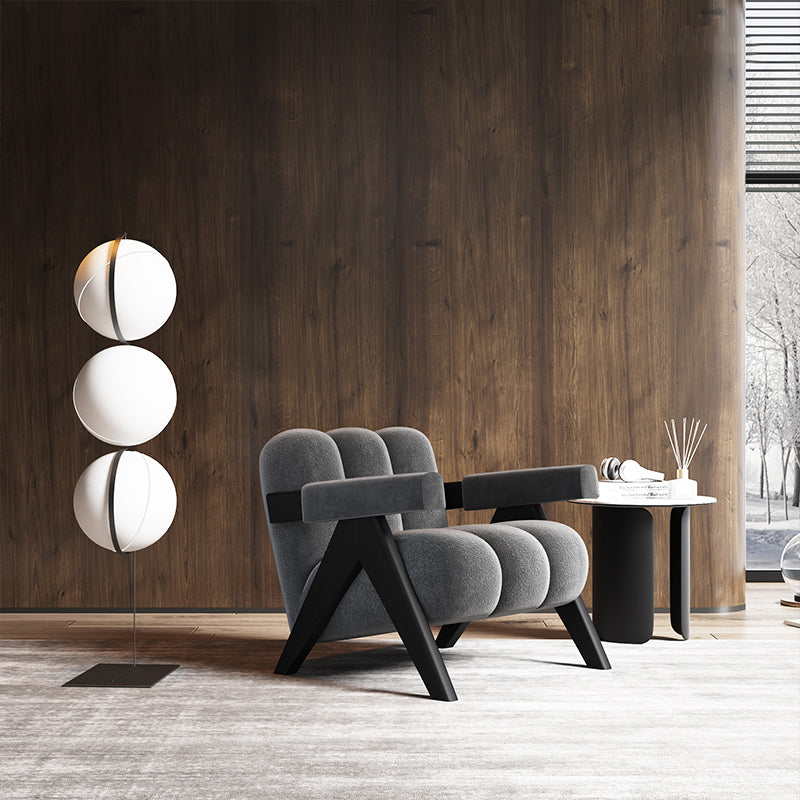 Mid-Modern Century Wood Lounge Chair Sewn Pillow Back Sled Arm Chair in Gray