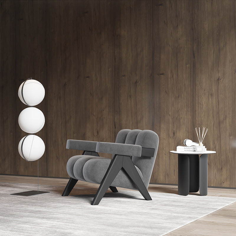 Mid-Modern Century Wood Lounge Chair Sewn Pillow Back Sled Arm Chair in Gray