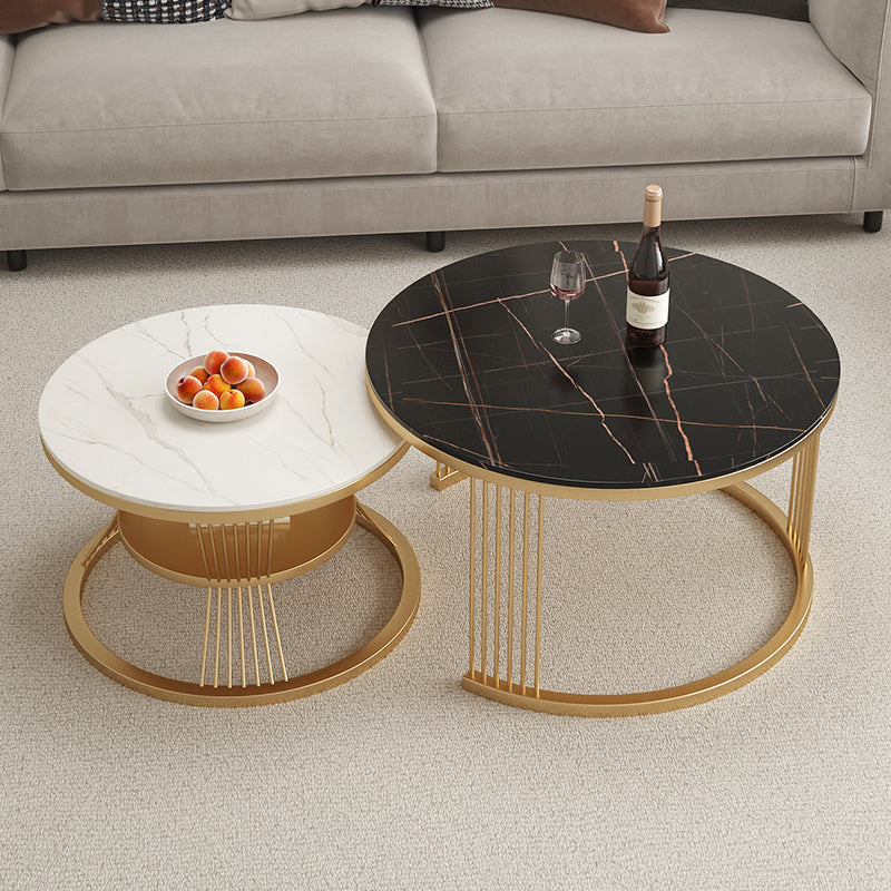 Metal and Slate Coffee Table Glam Round Frame Coffee Table Set