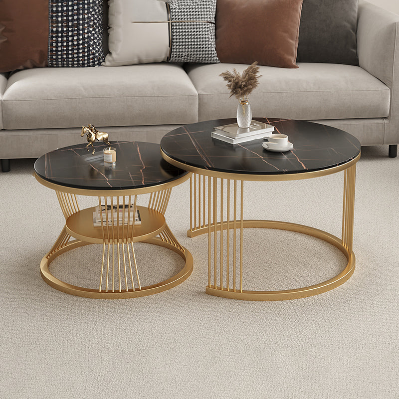 Metal and Slate Coffee Table Glam Round Frame Coffee Table Set