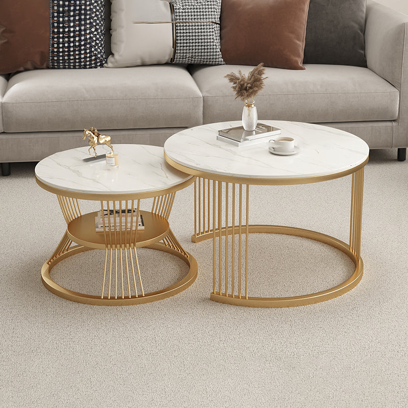 Metal and Slate Coffee Table Glam Round Frame Coffee Table Set