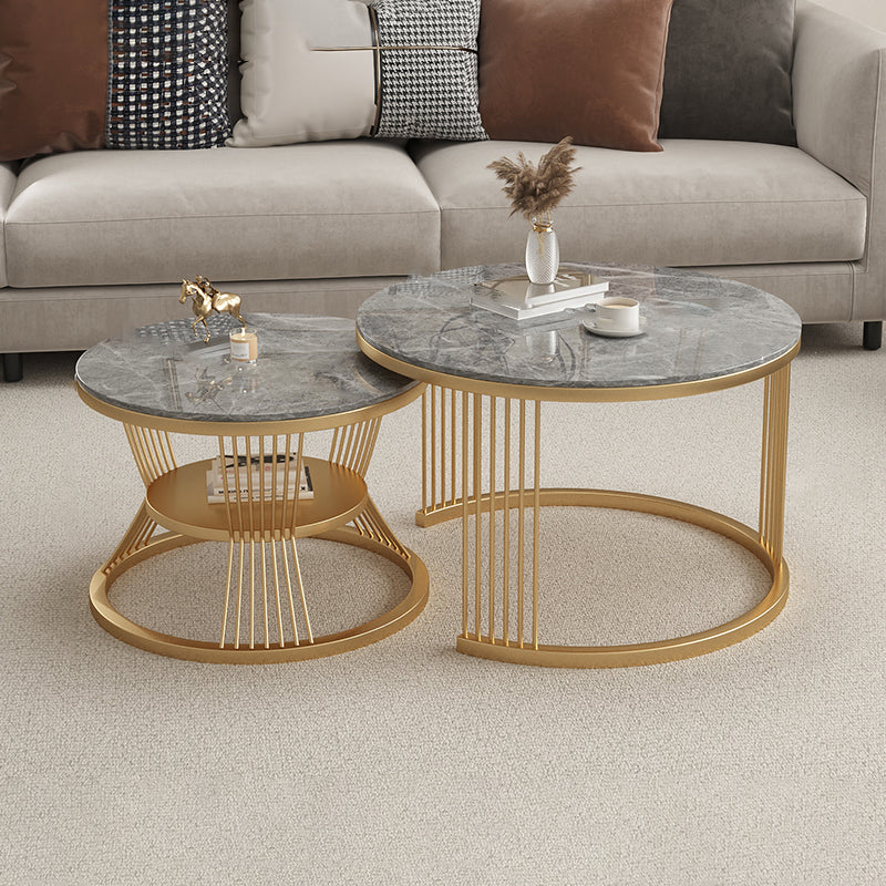 Metal and Slate Coffee Table Glam Round Frame Coffee Table Set