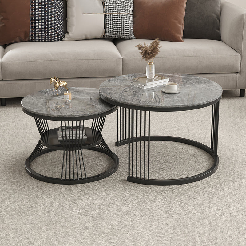 Metal and Slate Coffee Table Glam Round Frame Coffee Table Set
