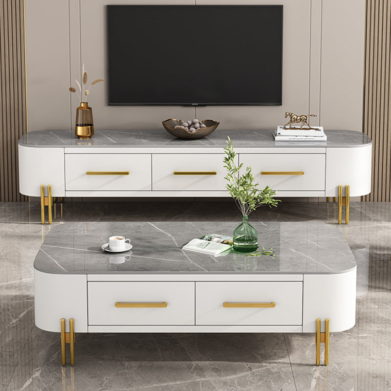 Modern Metal 4 Legs Cocktail Table Rectangle Slate Coffee Table with 2 Drawers