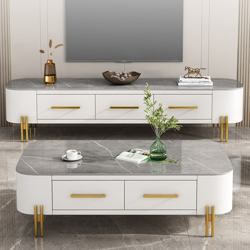 Modern Metal 4 Legs Cocktail Table Rectangle Slate Coffee Table with 2 Drawers