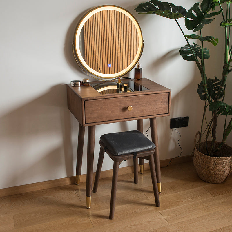 Contemporary Make-up Vanity with Drawers in Brown Rubberwood