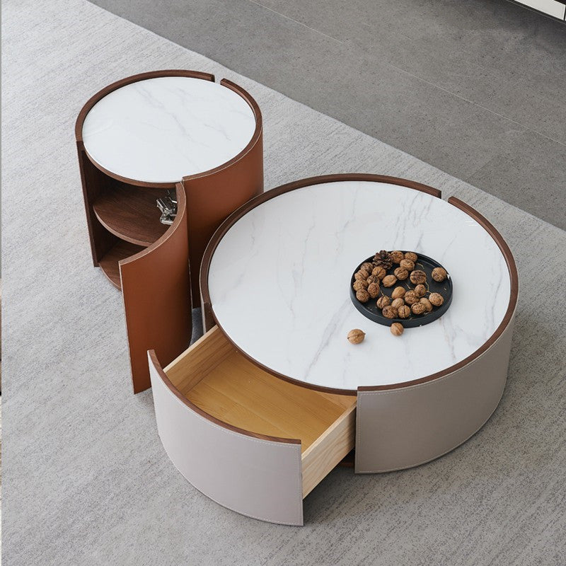 Contemporary Round Coffee Table Leather and Stone Coffee or End Table Drum