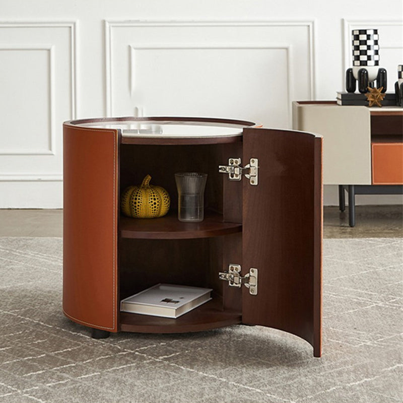 Contemporary Round Coffee Table Leather and Stone Coffee or End Table Drum
