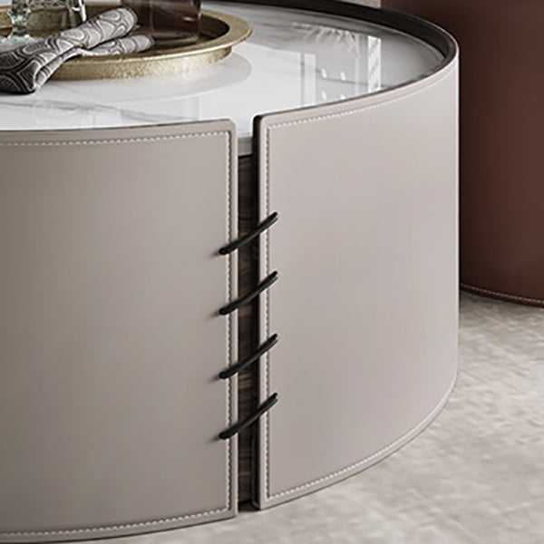 Contemporary Round Coffee Table Leather and Stone Coffee or End Table Drum