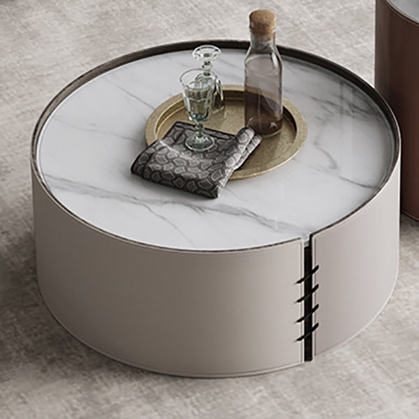 Contemporary Round Coffee Table Leather and Stone Coffee or End Table Drum